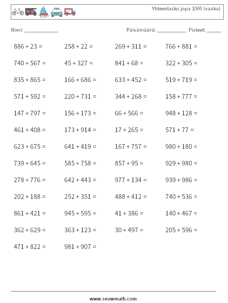 (50) Yhteenlasku jopa 1000 (vaaka) Matematiikan laskentataulukot 2