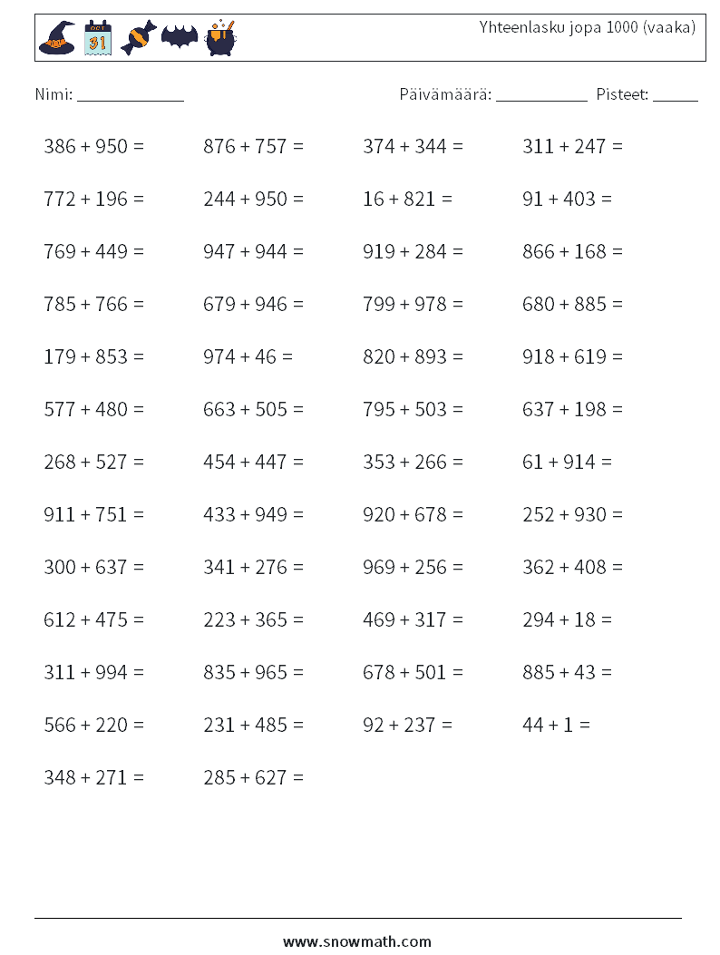 (50) Yhteenlasku jopa 1000 (vaaka) Matematiikan laskentataulukot 3