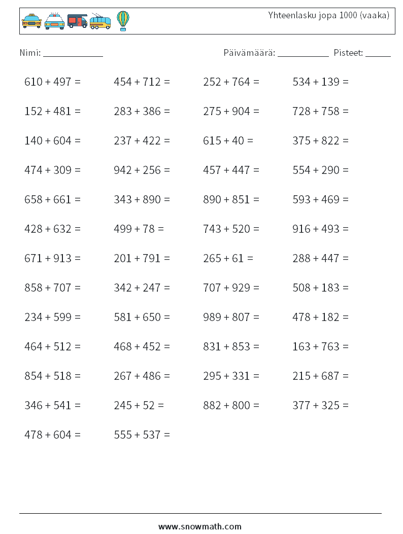 (50) Yhteenlasku jopa 1000 (vaaka) Matematiikan laskentataulukot 4