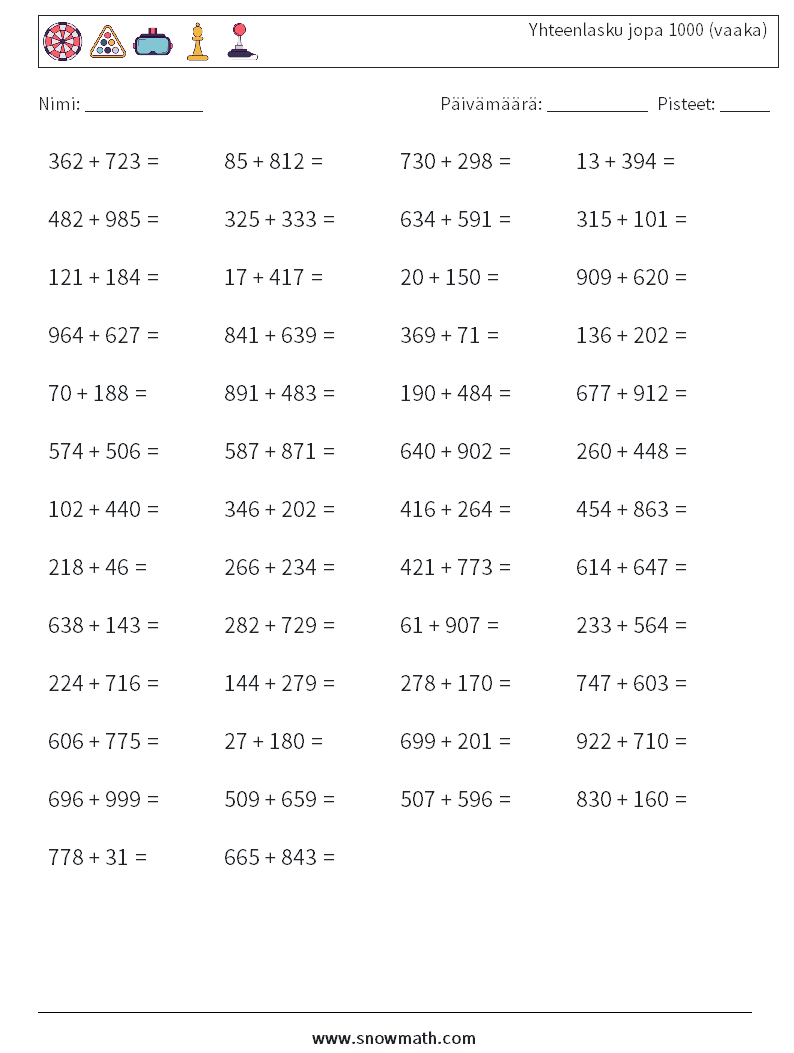 (50) Yhteenlasku jopa 1000 (vaaka) Matematiikan laskentataulukot 5