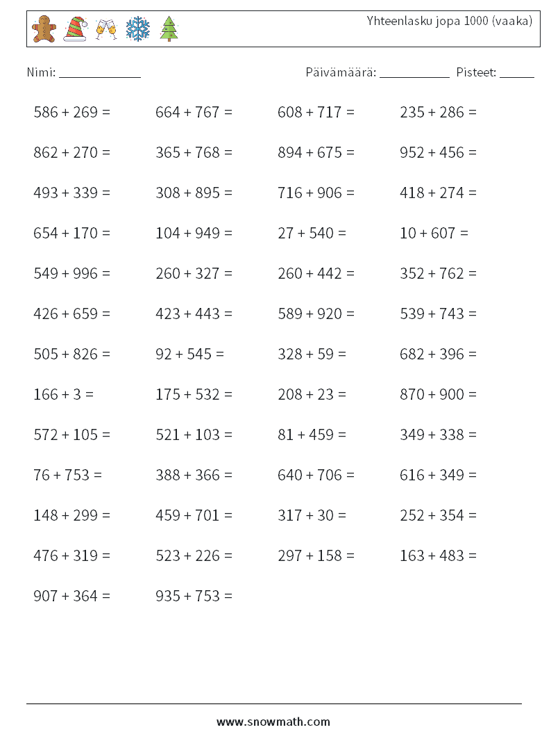 (50) Yhteenlasku jopa 1000 (vaaka) Matematiikan laskentataulukot 6