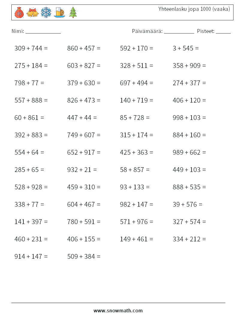 (50) Yhteenlasku jopa 1000 (vaaka) Matematiikan laskentataulukot 8