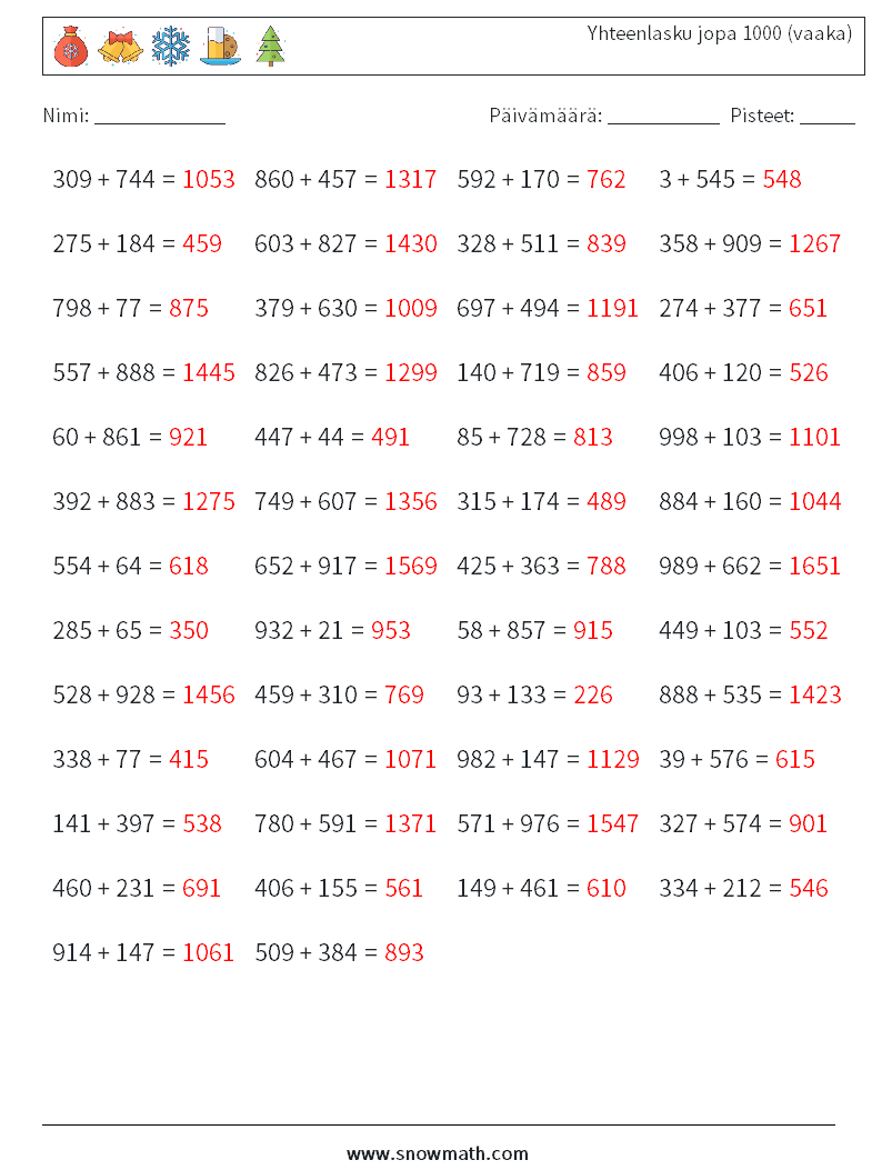 (50) Yhteenlasku jopa 1000 (vaaka) Matematiikan laskentataulukot 8 Kysymys, vastaus