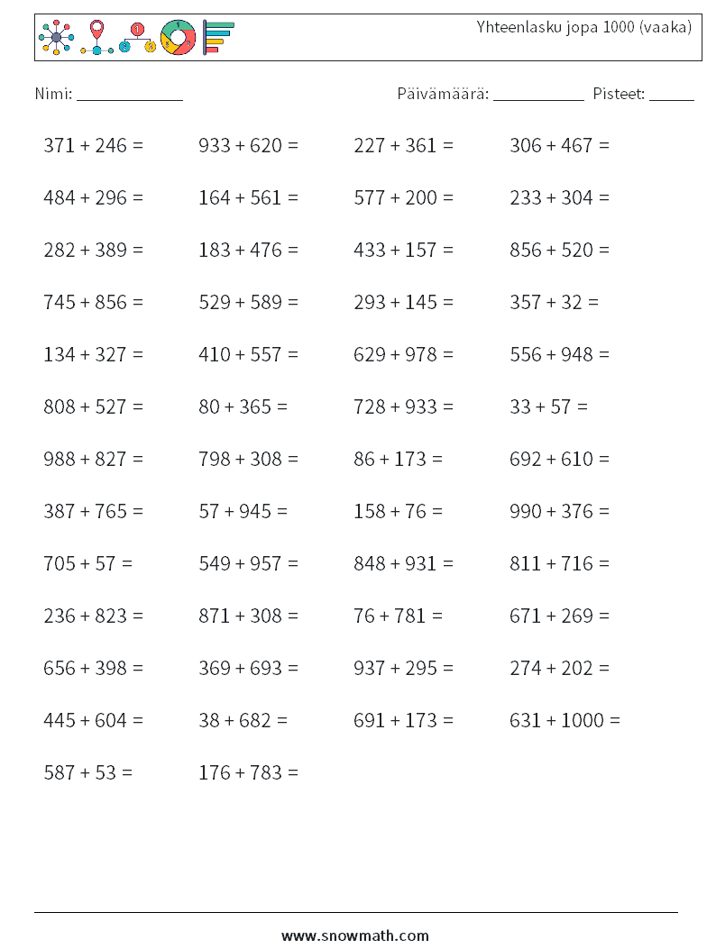 (50) Yhteenlasku jopa 1000 (vaaka) Matematiikan laskentataulukot 9