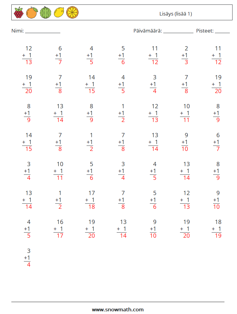 (50) Lisäys (lisää 1) Matematiikan laskentataulukot 13 Kysymys, vastaus