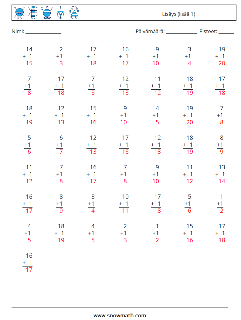 (50) Lisäys (lisää 1) Matematiikan laskentataulukot 17 Kysymys, vastaus