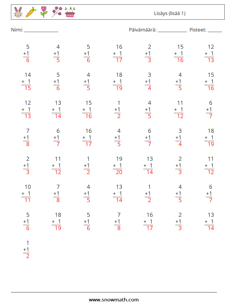 (50) Lisäys (lisää 1) Matematiikan laskentataulukot 18 Kysymys, vastaus