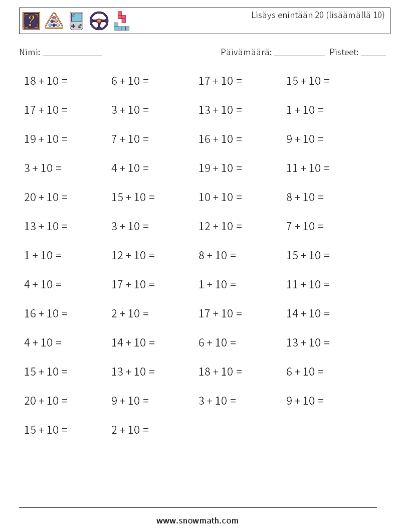 (50) Lisäys enintään 20 (lisäämällä 10) Matematiikan laskentataulukot 2