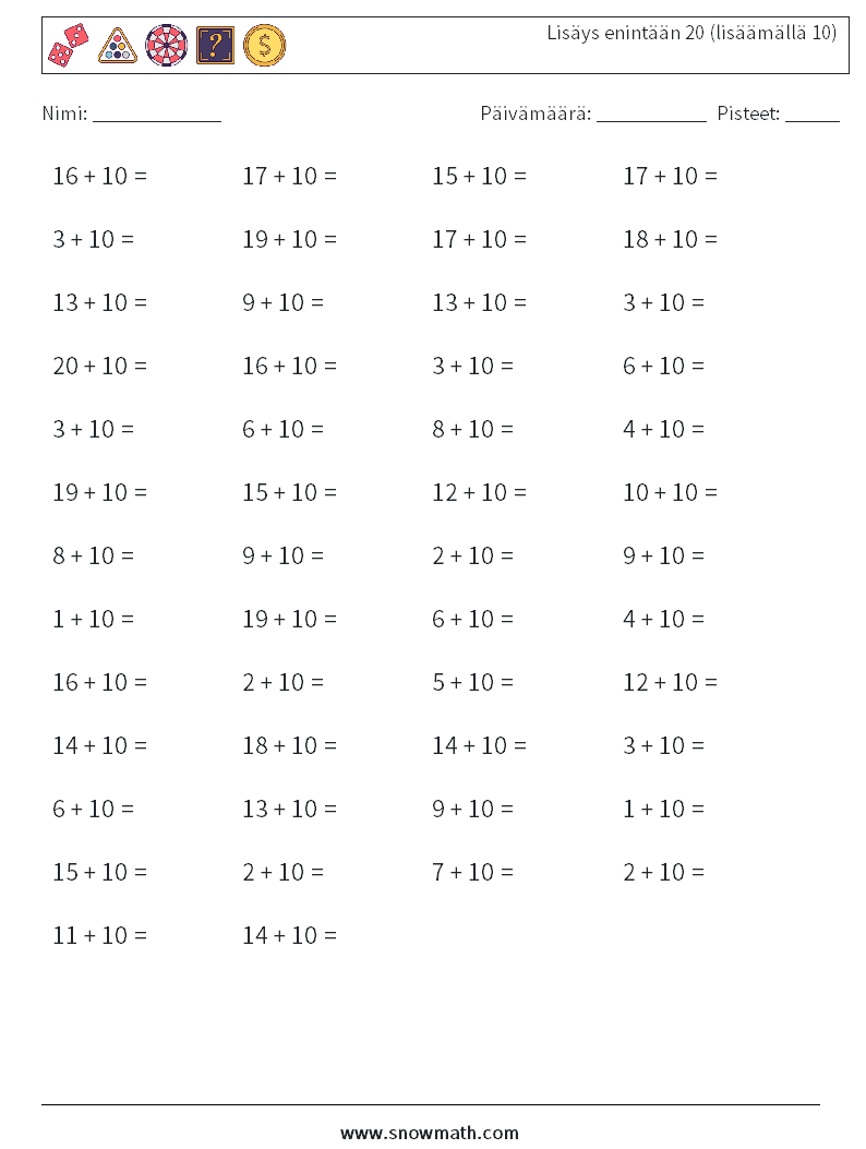 (50) Lisäys enintään 20 (lisäämällä 10) Matematiikan laskentataulukot 3