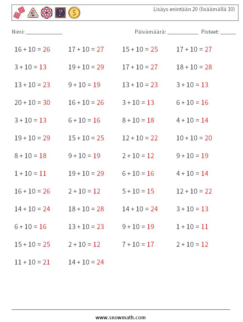 (50) Lisäys enintään 20 (lisäämällä 10) Matematiikan laskentataulukot 3 Kysymys, vastaus