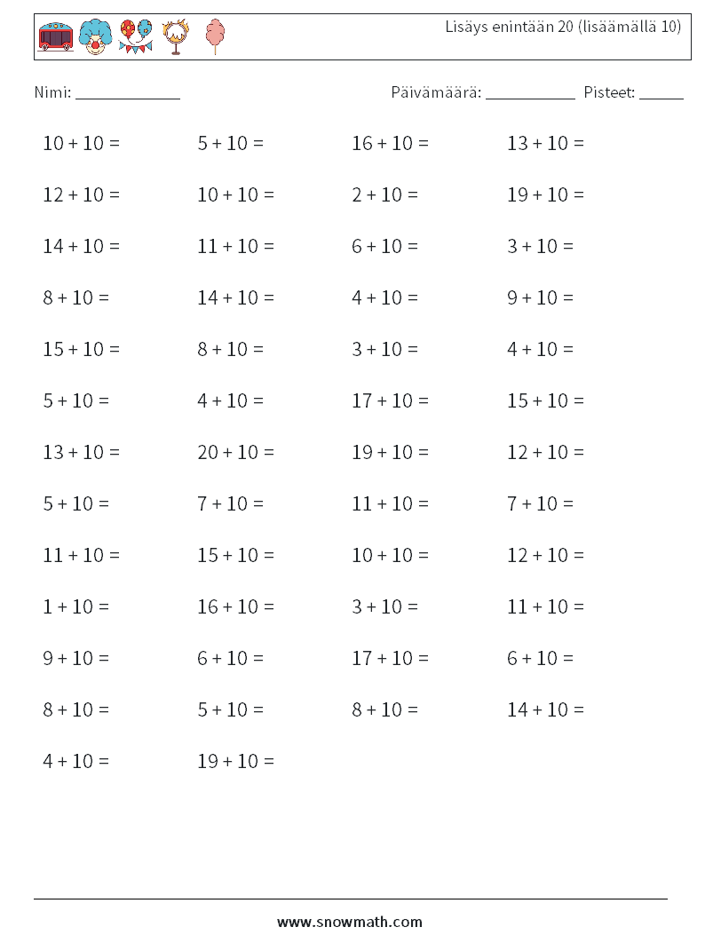 (50) Lisäys enintään 20 (lisäämällä 10) Matematiikan laskentataulukot 4