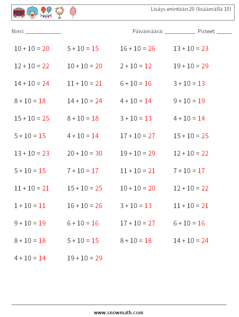 (50) Lisäys enintään 20 (lisäämällä 10) Matematiikan laskentataulukot 4 Kysymys, vastaus