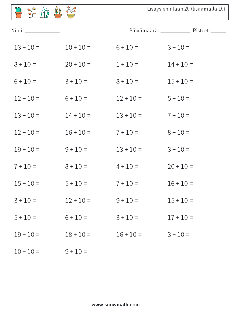 (50) Lisäys enintään 20 (lisäämällä 10) Matematiikan laskentataulukot 5