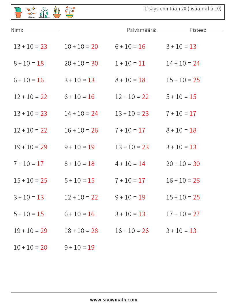 (50) Lisäys enintään 20 (lisäämällä 10) Matematiikan laskentataulukot 5 Kysymys, vastaus