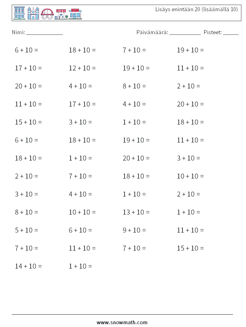 (50) Lisäys enintään 20 (lisäämällä 10) Matematiikan laskentataulukot 6