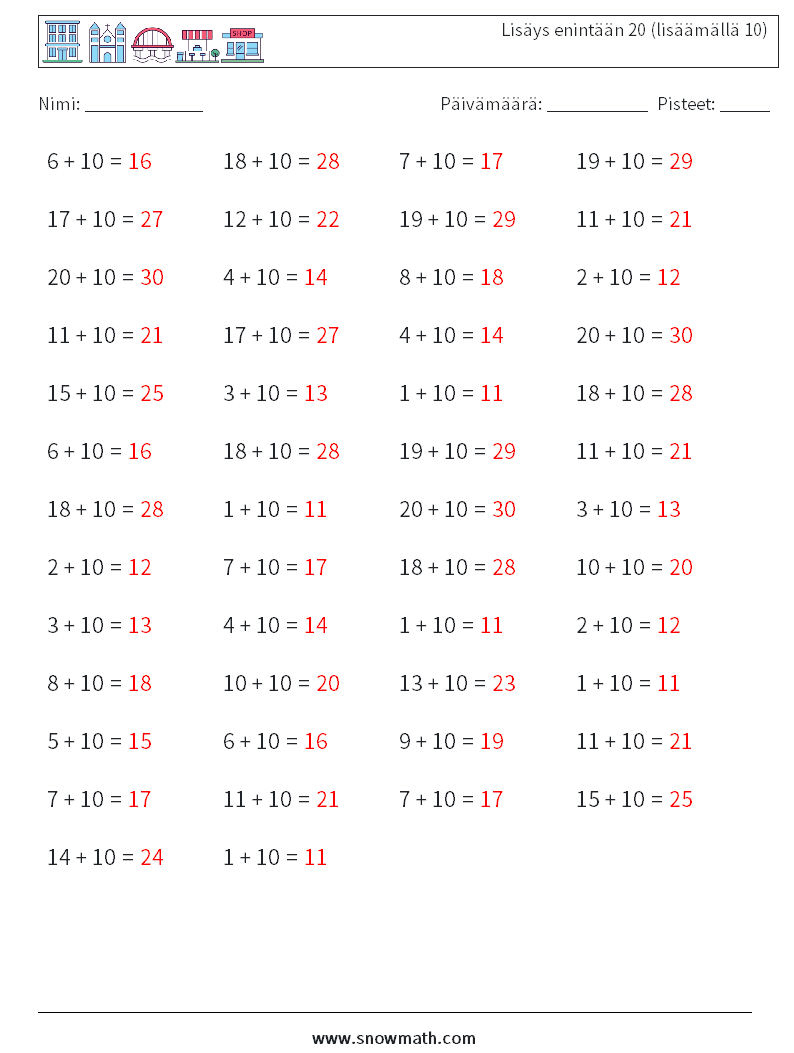(50) Lisäys enintään 20 (lisäämällä 10) Matematiikan laskentataulukot 6 Kysymys, vastaus