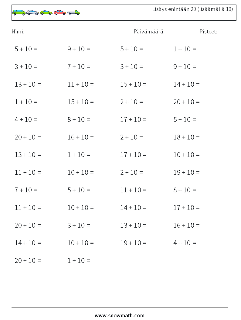(50) Lisäys enintään 20 (lisäämällä 10) Matematiikan laskentataulukot 7