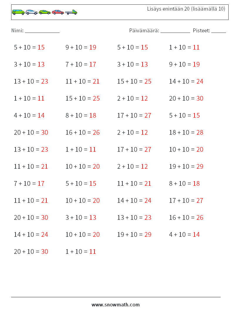 (50) Lisäys enintään 20 (lisäämällä 10) Matematiikan laskentataulukot 7 Kysymys, vastaus