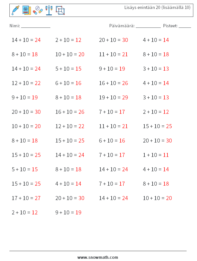 (50) Lisäys enintään 20 (lisäämällä 10) Matematiikan laskentataulukot 8 Kysymys, vastaus