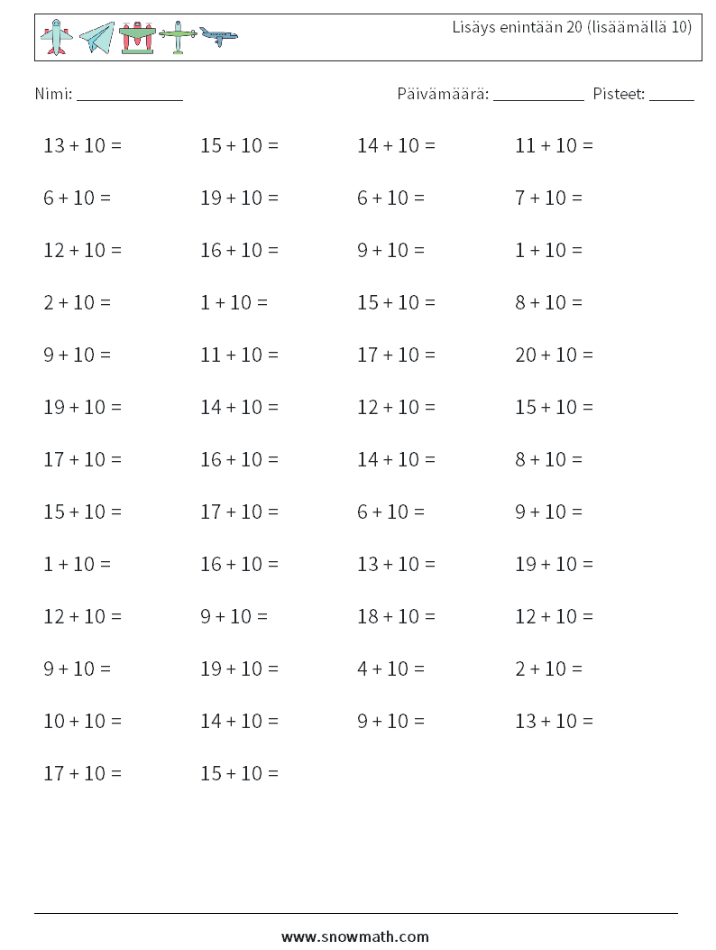 (50) Lisäys enintään 20 (lisäämällä 10) Matematiikan laskentataulukot 9