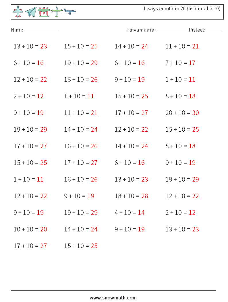 (50) Lisäys enintään 20 (lisäämällä 10) Matematiikan laskentataulukot 9 Kysymys, vastaus