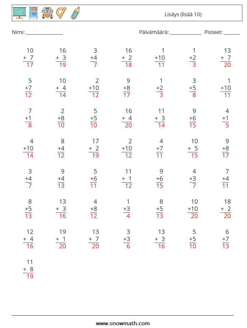 (50) Lisäys (lisää 10) Matematiikan laskentataulukot 11 Kysymys, vastaus