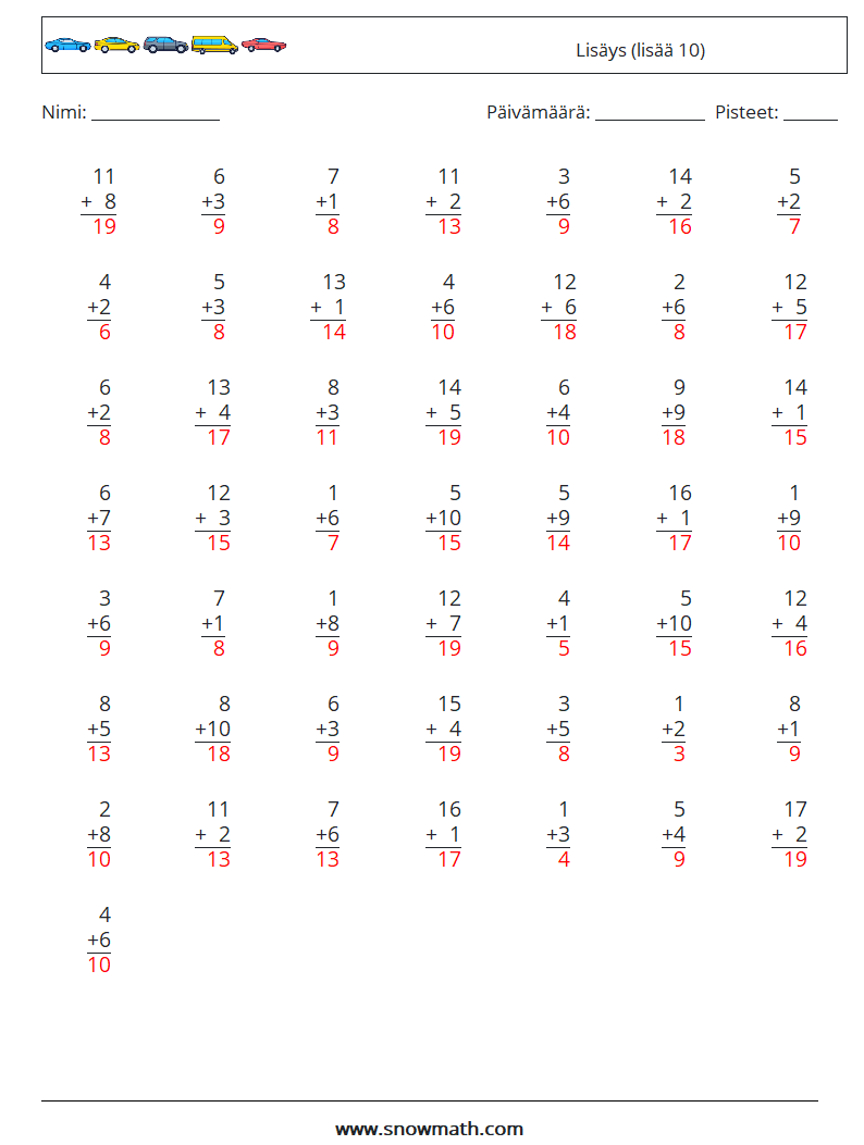 (50) Lisäys (lisää 10) Matematiikan laskentataulukot 14 Kysymys, vastaus