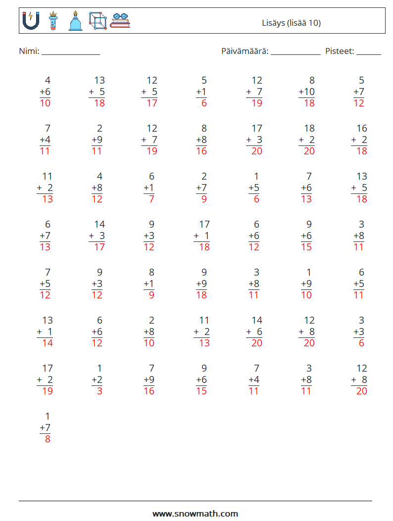 (50) Lisäys (lisää 10) Matematiikan laskentataulukot 15 Kysymys, vastaus