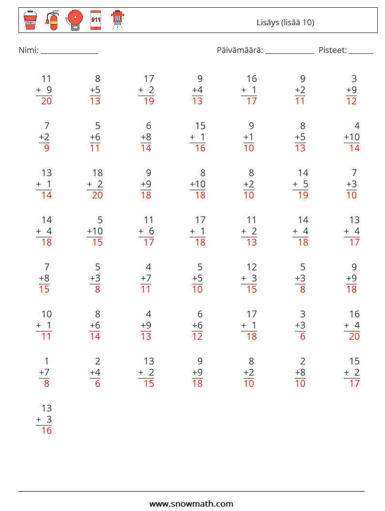 (50) Lisäys (lisää 10) Matematiikan laskentataulukot 16 Kysymys, vastaus