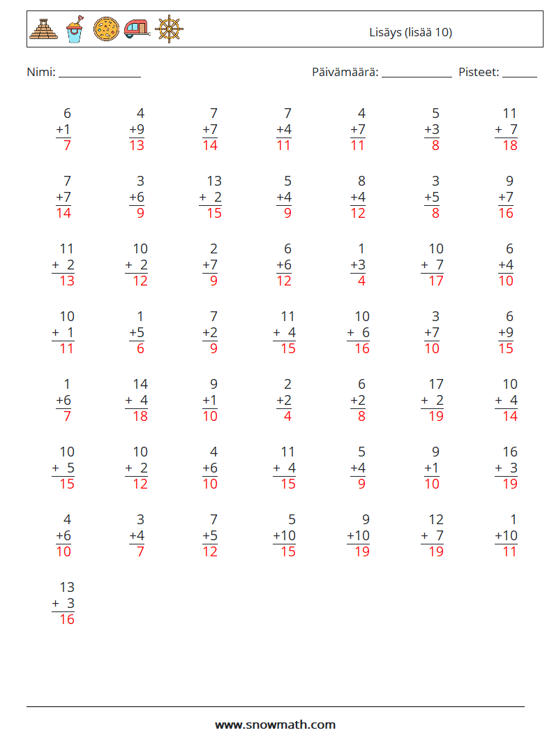 (50) Lisäys (lisää 10) Matematiikan laskentataulukot 18 Kysymys, vastaus