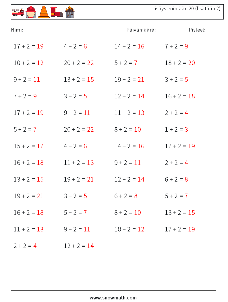 (50) Lisäys enintään 20 (lisätään 2) Matematiikan laskentataulukot 1 Kysymys, vastaus