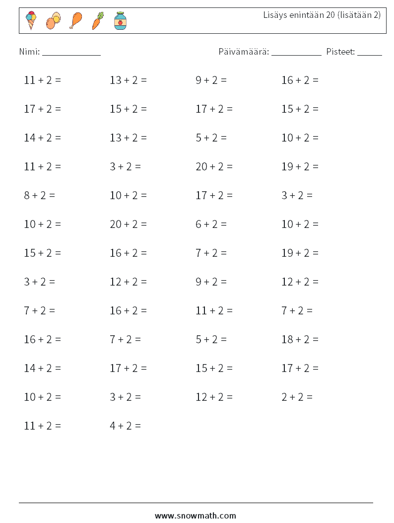 (50) Lisäys enintään 20 (lisätään 2) Matematiikan laskentataulukot 2