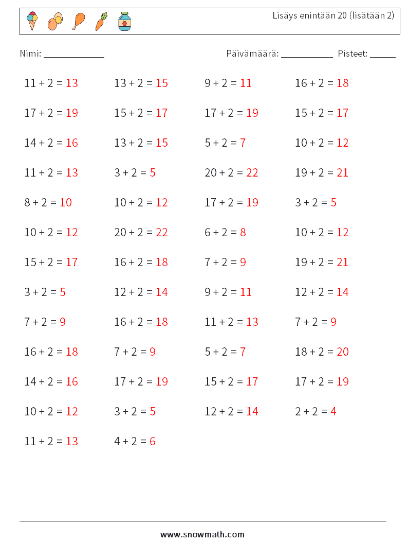 (50) Lisäys enintään 20 (lisätään 2) Matematiikan laskentataulukot 2 Kysymys, vastaus