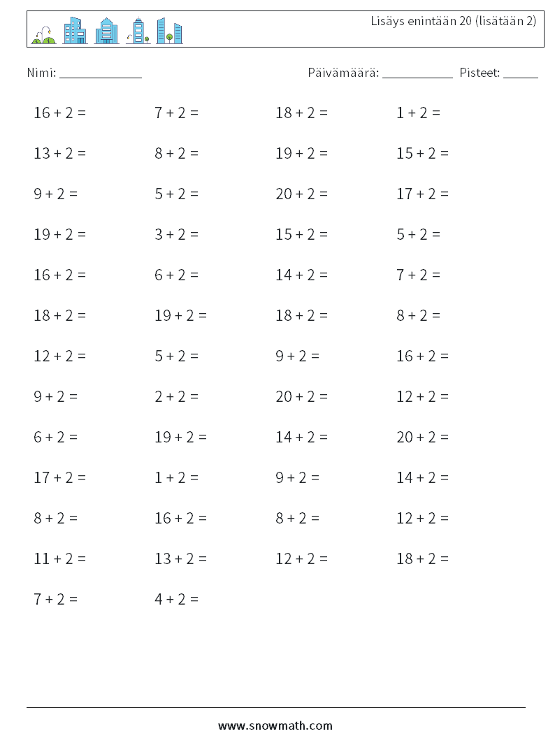 (50) Lisäys enintään 20 (lisätään 2) Matematiikan laskentataulukot 3