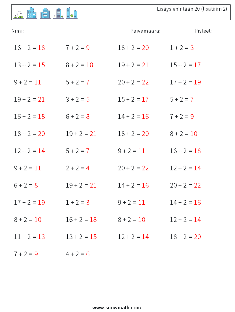 (50) Lisäys enintään 20 (lisätään 2) Matematiikan laskentataulukot 3 Kysymys, vastaus