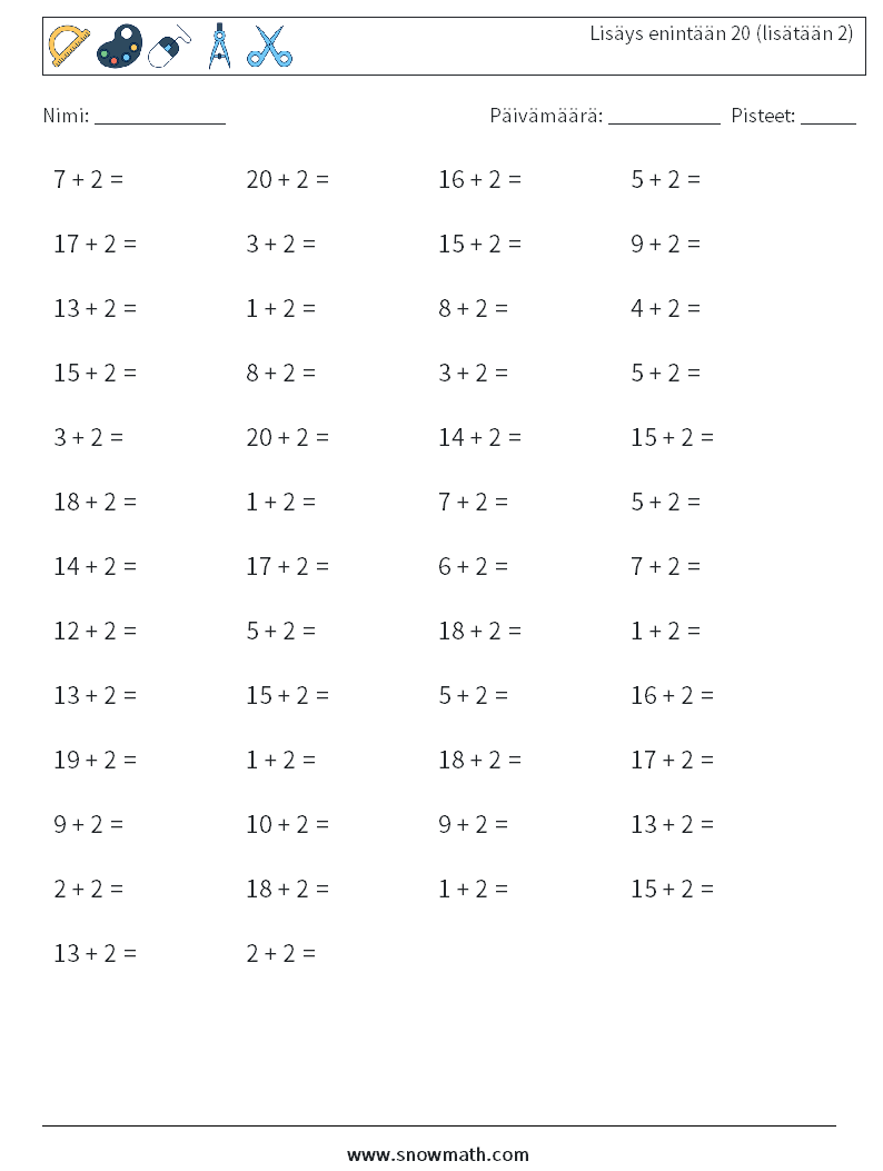 (50) Lisäys enintään 20 (lisätään 2) Matematiikan laskentataulukot 4