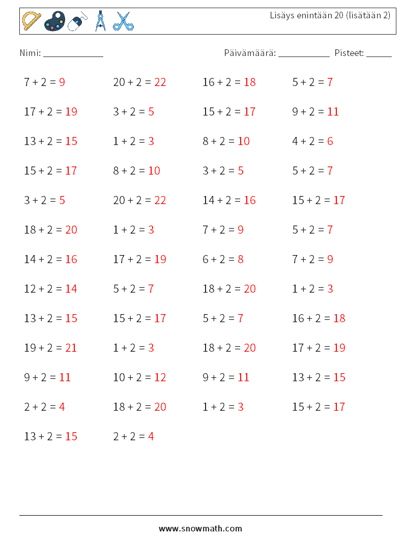 (50) Lisäys enintään 20 (lisätään 2) Matematiikan laskentataulukot 4 Kysymys, vastaus