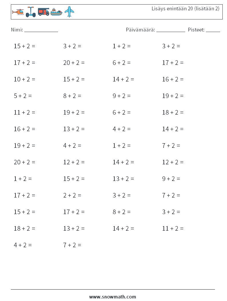 (50) Lisäys enintään 20 (lisätään 2) Matematiikan laskentataulukot 5