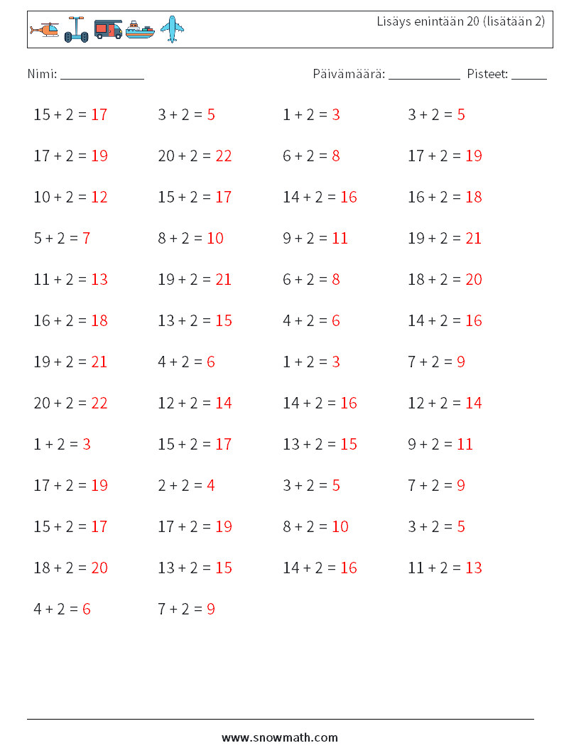 (50) Lisäys enintään 20 (lisätään 2) Matematiikan laskentataulukot 5 Kysymys, vastaus