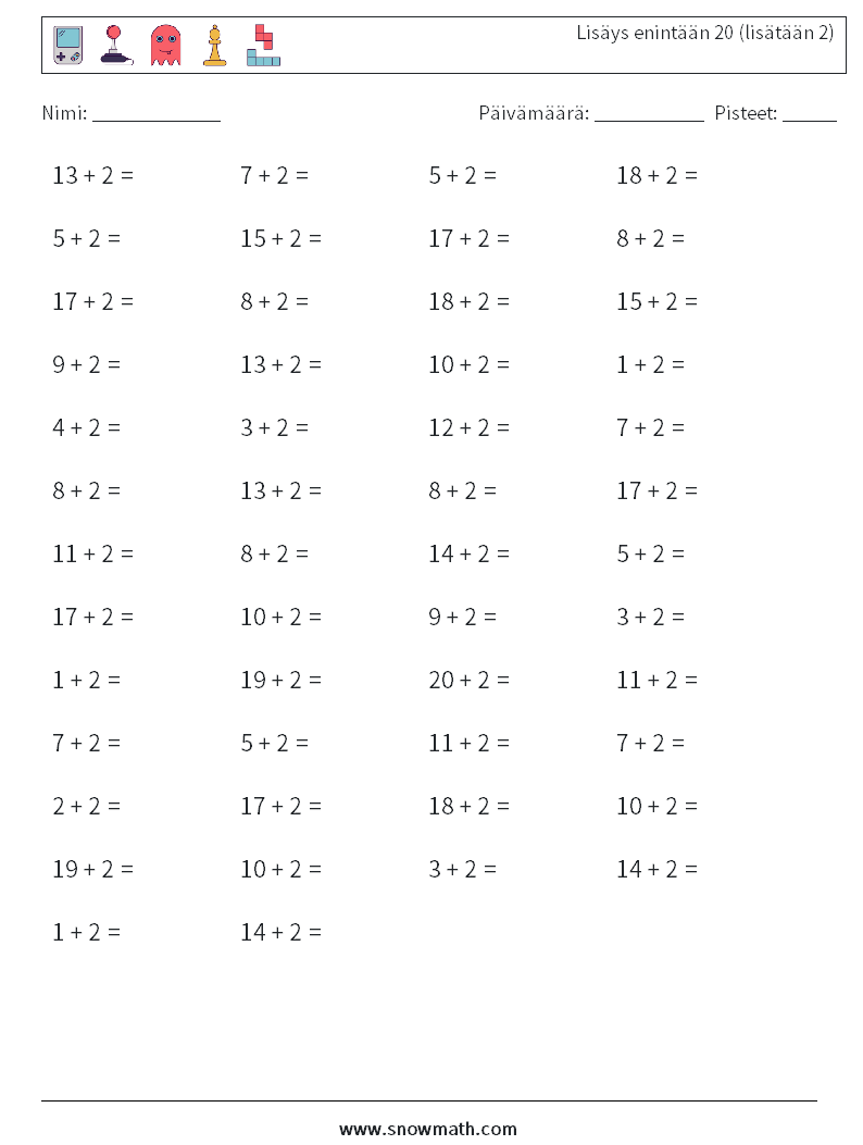 (50) Lisäys enintään 20 (lisätään 2) Matematiikan laskentataulukot 6