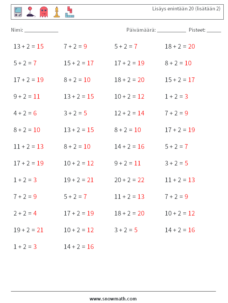 (50) Lisäys enintään 20 (lisätään 2) Matematiikan laskentataulukot 6 Kysymys, vastaus