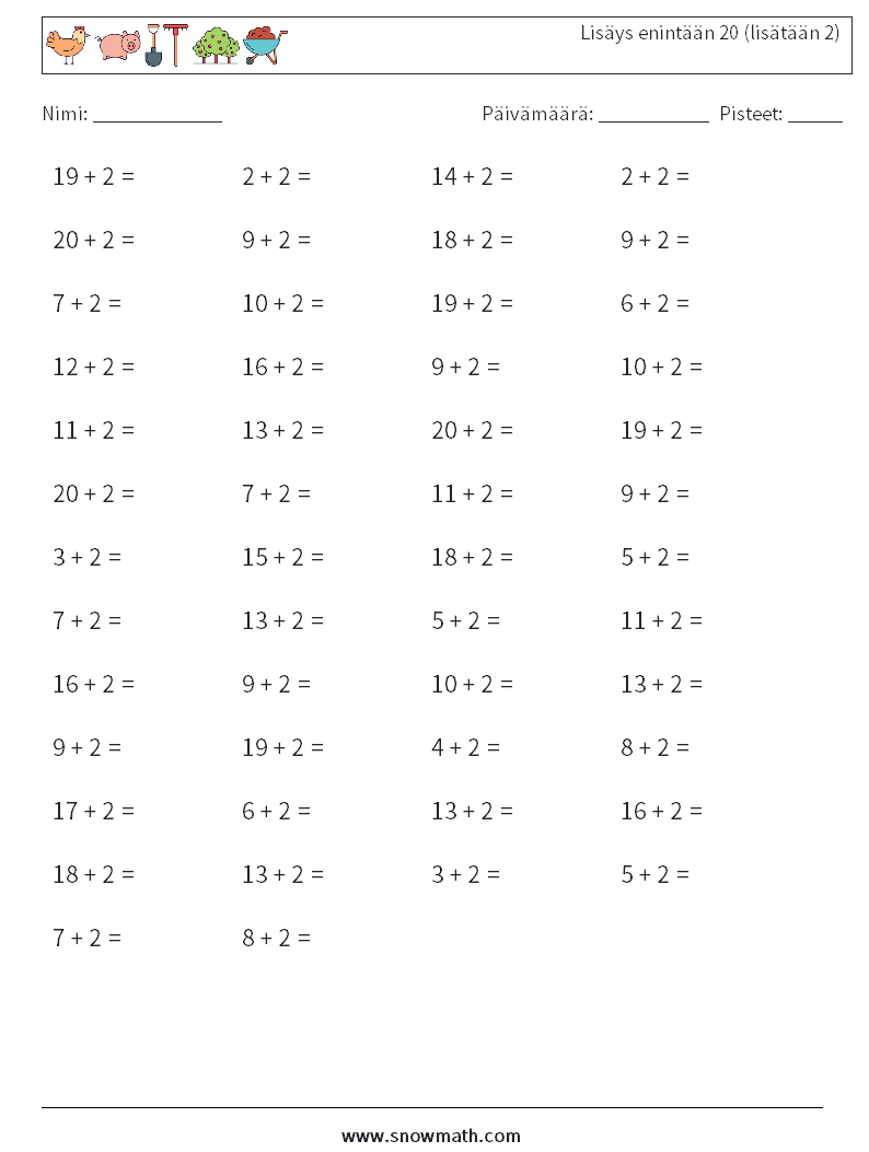(50) Lisäys enintään 20 (lisätään 2) Matematiikan laskentataulukot 7