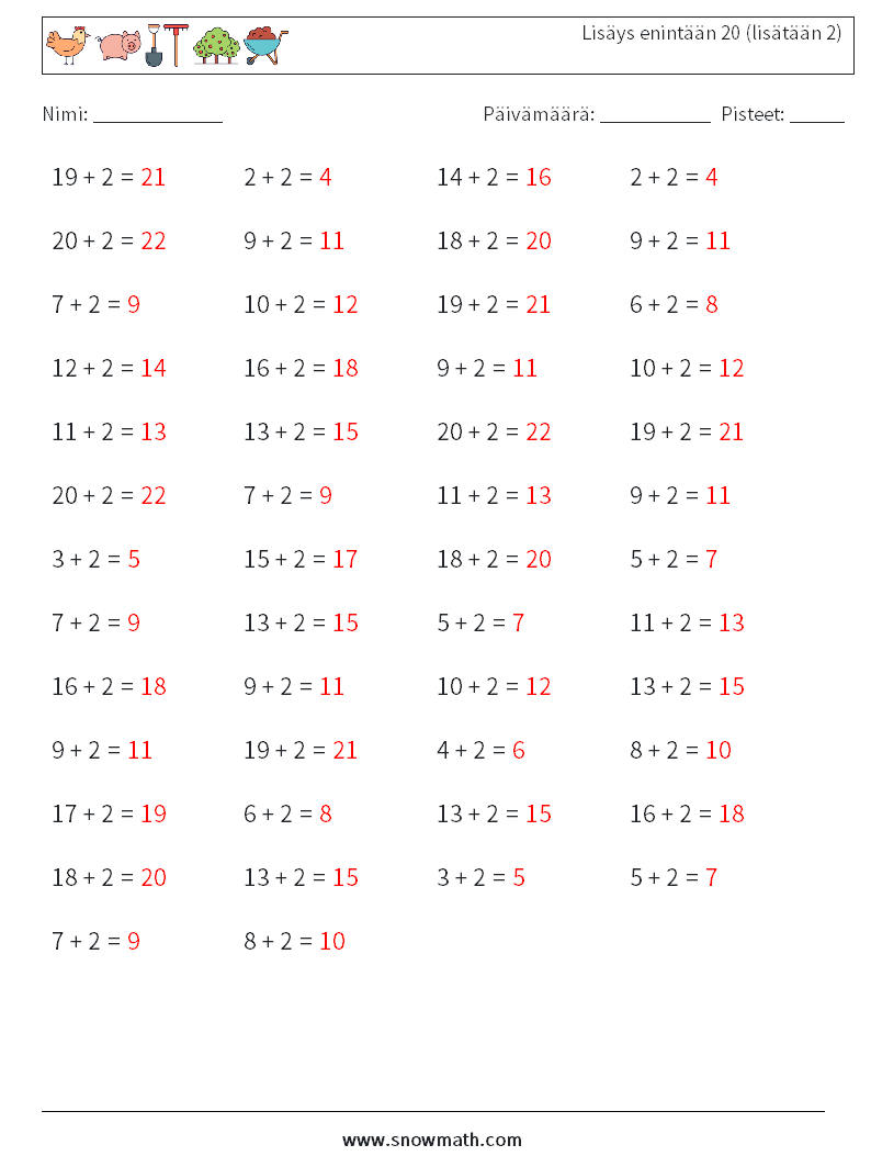 (50) Lisäys enintään 20 (lisätään 2) Matematiikan laskentataulukot 7 Kysymys, vastaus