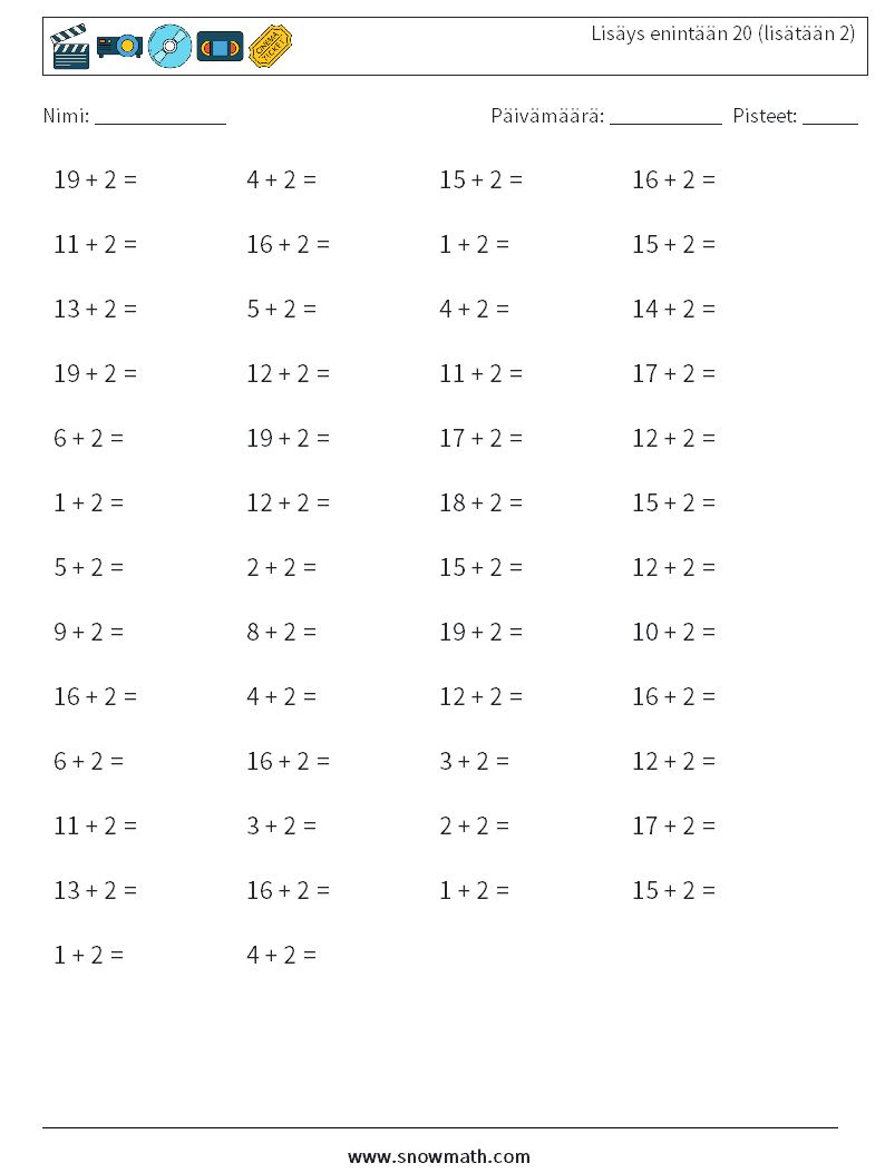 (50) Lisäys enintään 20 (lisätään 2) Matematiikan laskentataulukot 9