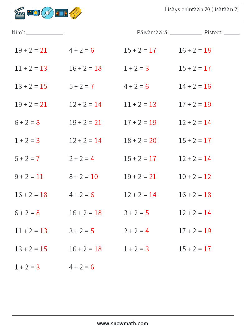 (50) Lisäys enintään 20 (lisätään 2) Matematiikan laskentataulukot 9 Kysymys, vastaus