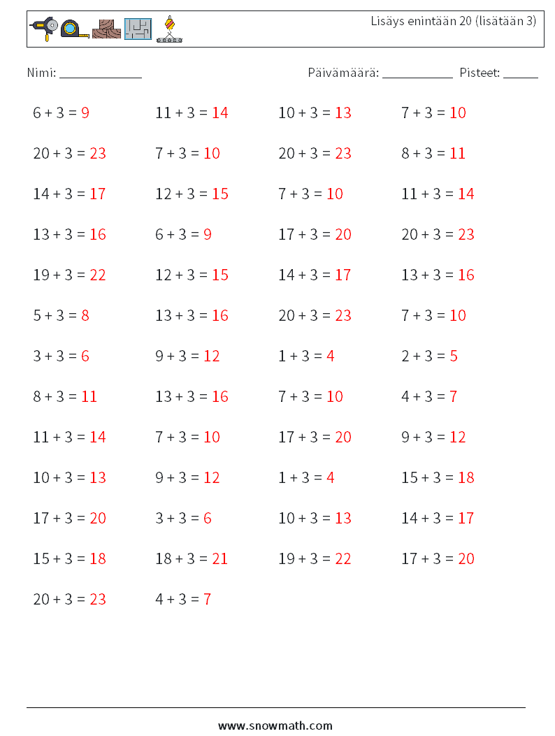 (50) Lisäys enintään 20 (lisätään 3) Matematiikan laskentataulukot 1 Kysymys, vastaus