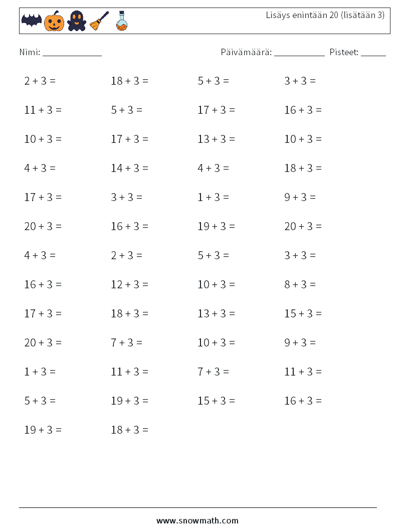 (50) Lisäys enintään 20 (lisätään 3) Matematiikan laskentataulukot 2