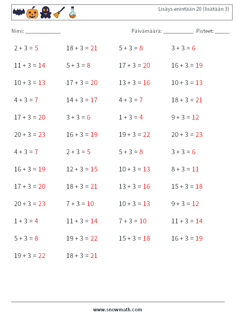 (50) Lisäys enintään 20 (lisätään 3) Matematiikan laskentataulukot 2 Kysymys, vastaus