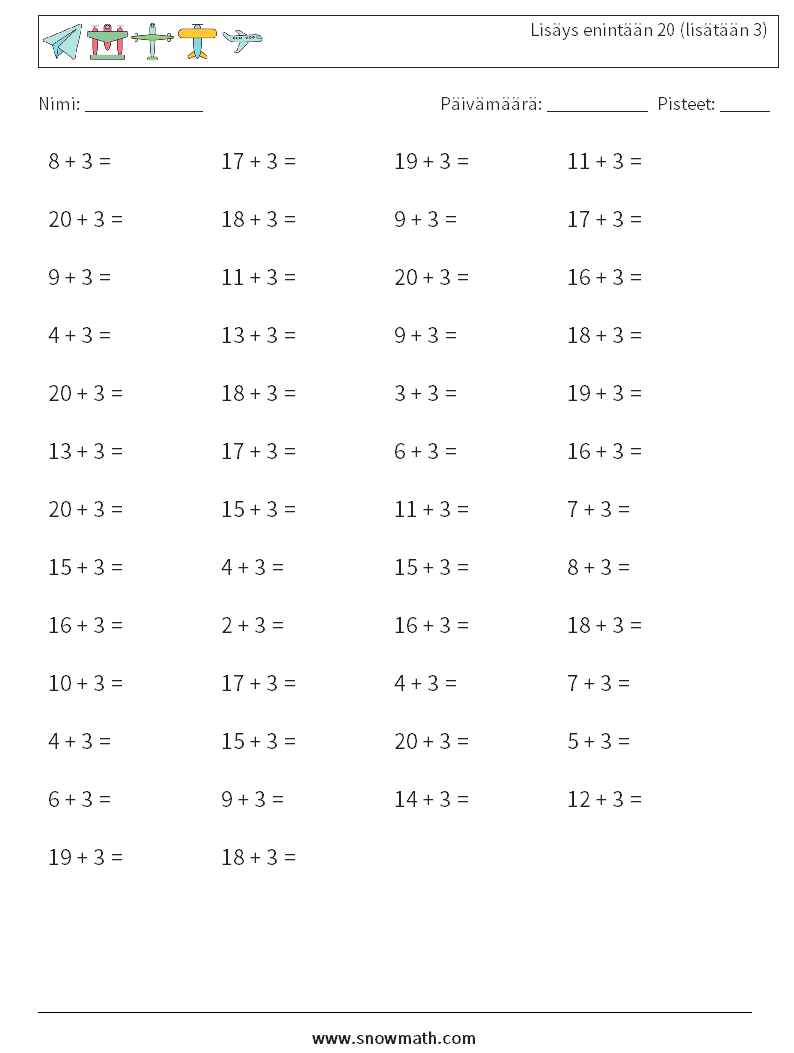 (50) Lisäys enintään 20 (lisätään 3) Matematiikan laskentataulukot 3