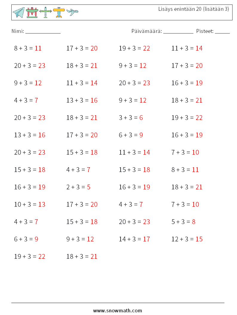(50) Lisäys enintään 20 (lisätään 3) Matematiikan laskentataulukot 3 Kysymys, vastaus
